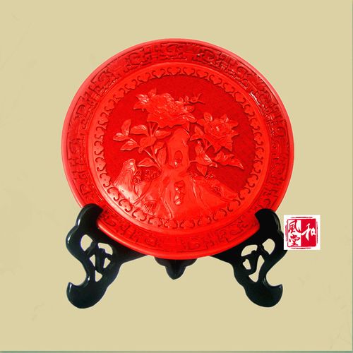 扬州咏梅漆器厂中国风工艺品剔红雕漆盘客厅摆件商务结婚生日礼品